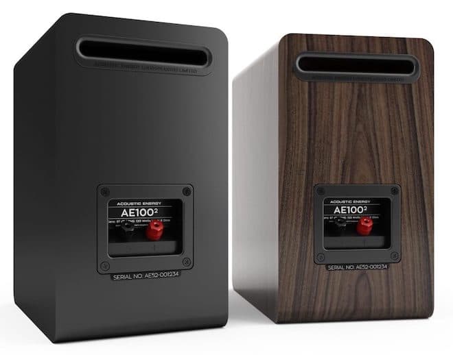 Acoustic Energy AE100 MK2 Bookshelf Speakers Rear in Black and Walnut