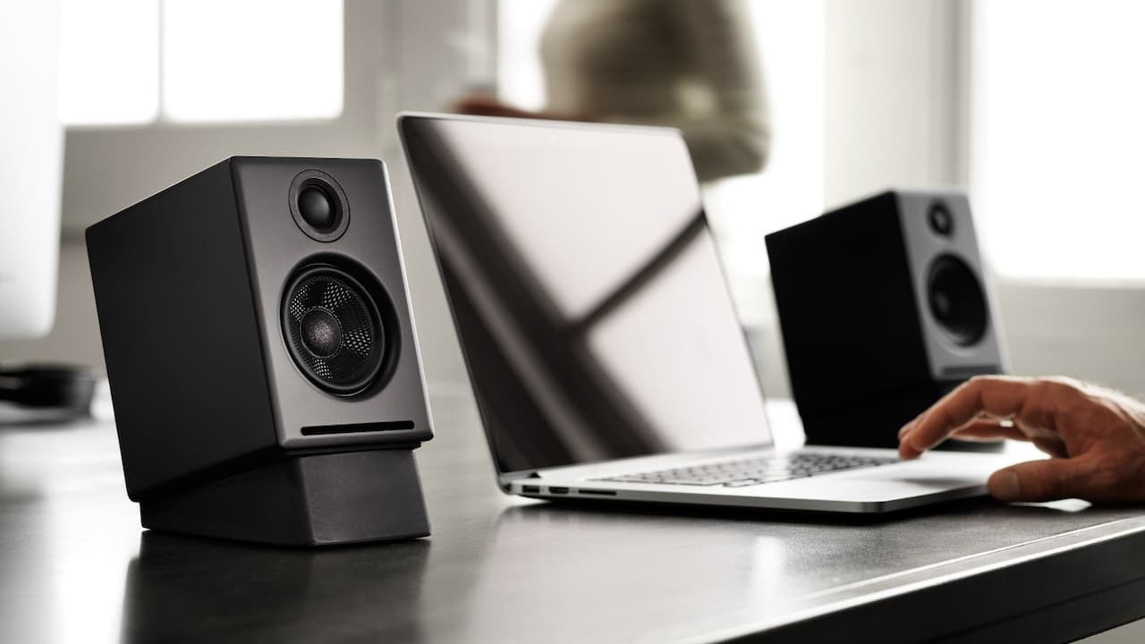 Audioengine A2+ Desktop Speakers on DS1 Stands in Black on DS1 Stands