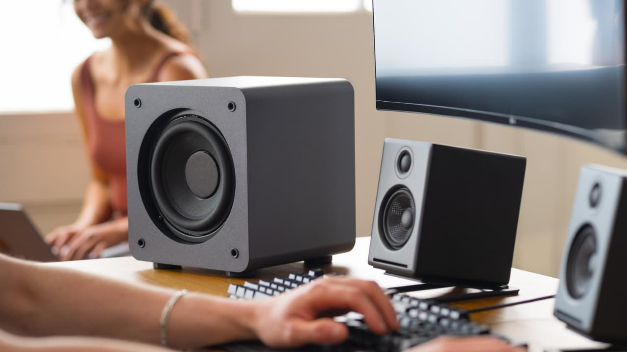 Audioengine S6 Subwoofer on desktop