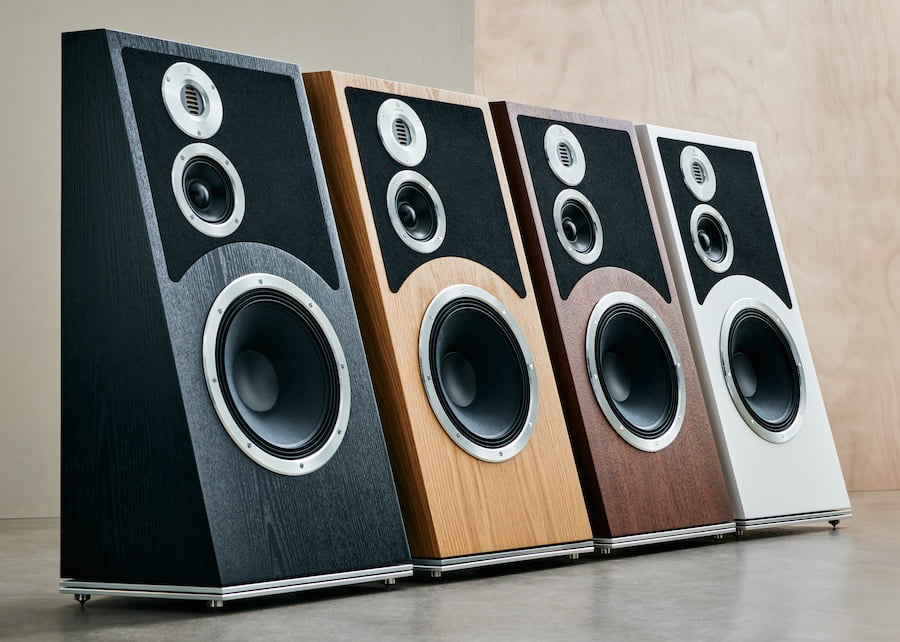 Audiovector Trapeze Ri Loudspeakers in Black Ash, Nordic Oak,  Italian Walnut, and White Silk.