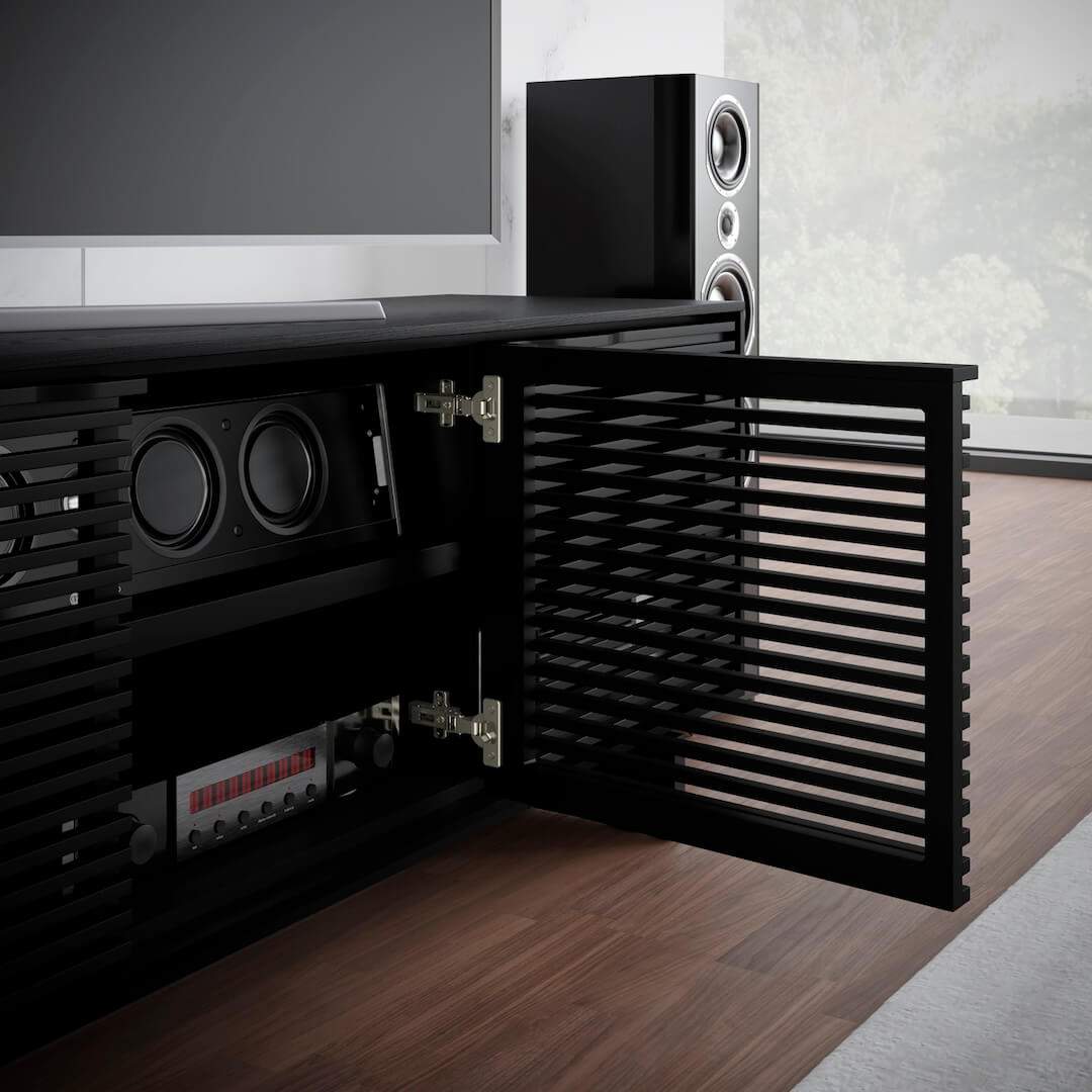 BDI Align 7479 Media Cabinet with Door Open in Ebonized Ash