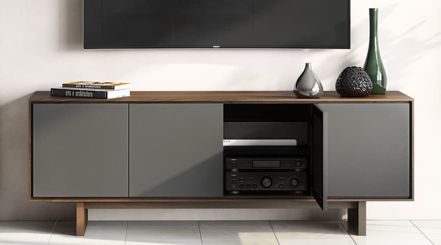 BDI Octave 8379 Media Cabinet in Toasted Walnut Door Open