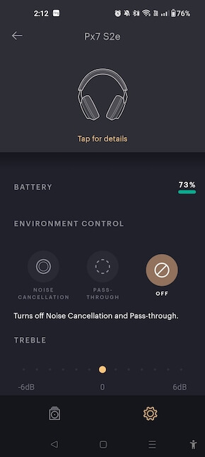 Bowers & Wilkins App Screenshot Battery, Noise Cancellation and Pass-through and EQ Settings