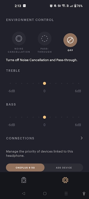 Bowers & Wilkins App Screenshot Noise Cancellation and Pass-through Settings