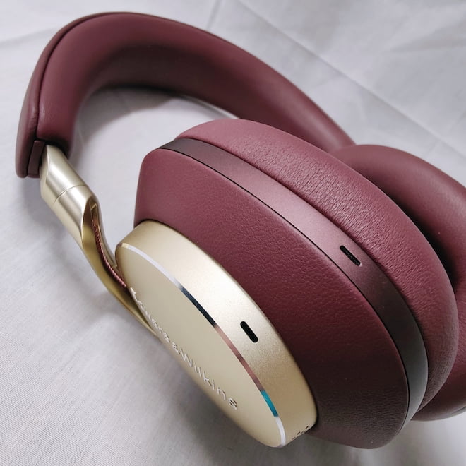 Closeup of Bowers & Wilkins Px8 Royal Burgundy Headphones low angle