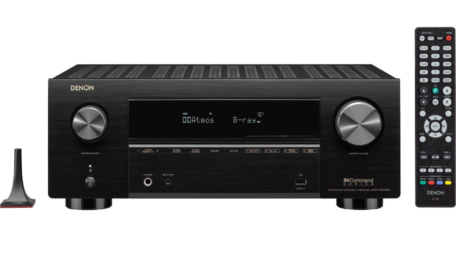 Denon AVR-X3700H 8K A/V Receiver front view with mic and remote