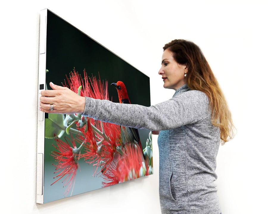 Woman placing Displace TV on wall