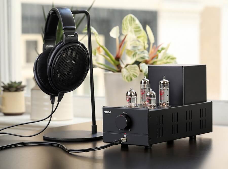 DROP+XDUOO TA-84 OTL Headphone Amplifier/DAC with HD6xx Headphones on Stand