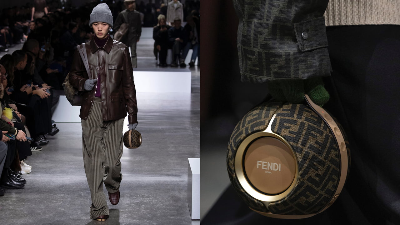 FENDI x Devialet Mania portable Speaker on fashion runway in Milan for 2024-2025 Collection