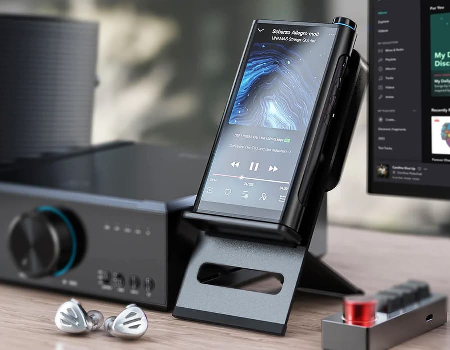 FiiO M15S DAP on Tilted Stand in Desktop Mode