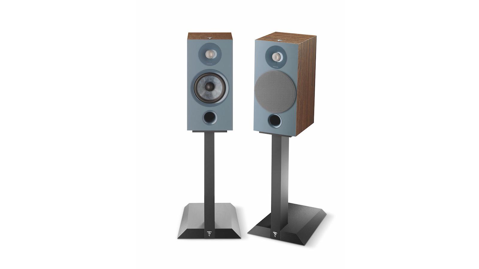 Focal Chora 806 Bookshelf Speakers on stands in darkwood finish