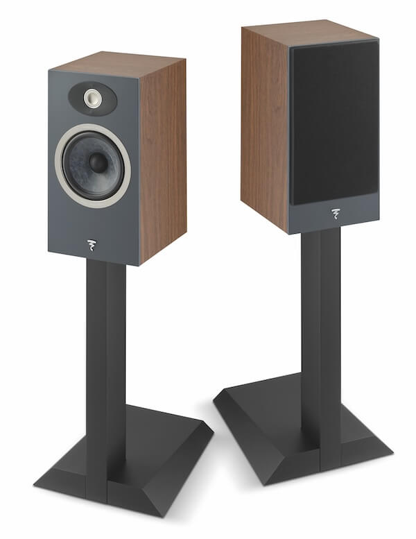 Focal Theva No.1 Loudspeakers in Dark Wood on Stands