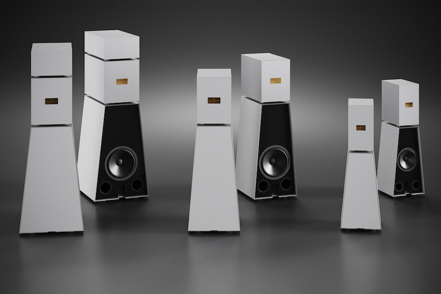 Goldmund Theia, Rhea and Asteria Wireless Speakers with grille off rear