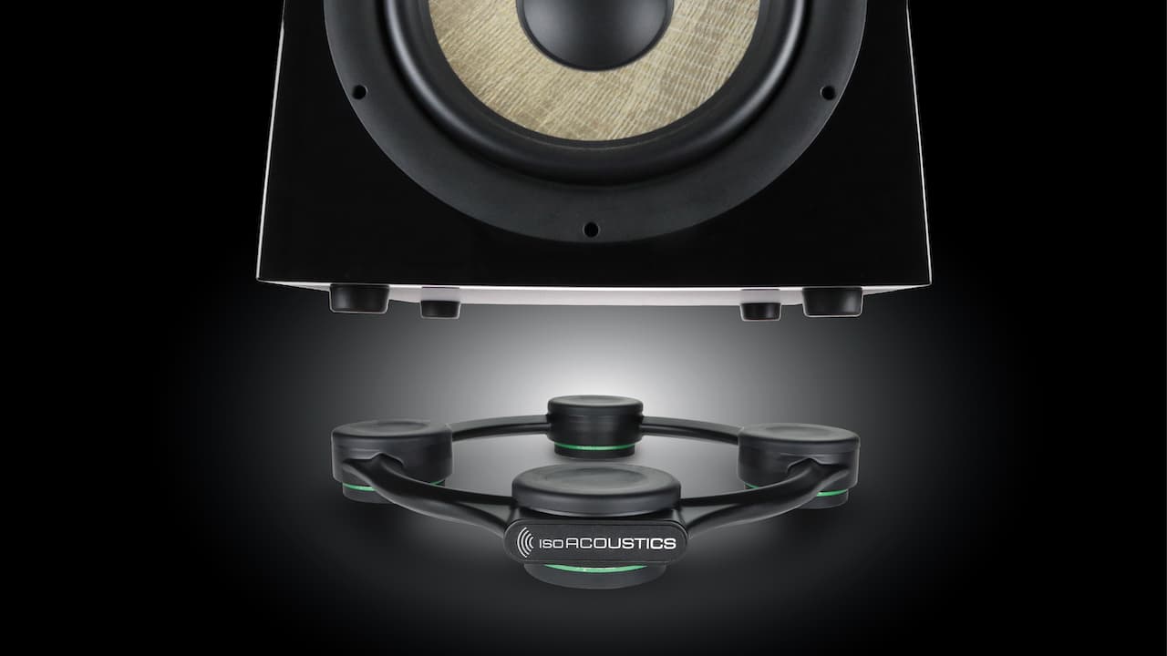 IsoAcoustics Aperta Sub isolation stand under floating subwoofer