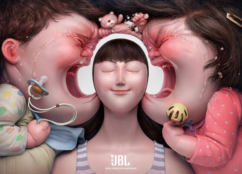 JBL advertisement for noise cancelling headphones with screaming babies