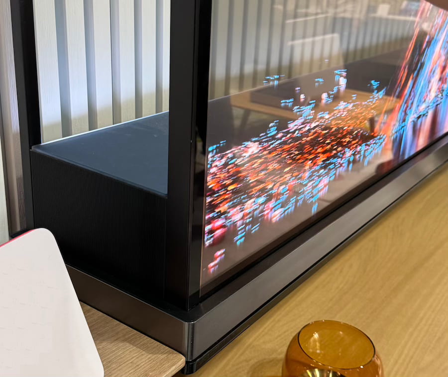 Corner angle of LG Signature OLED T Transparent TV at CES 2024