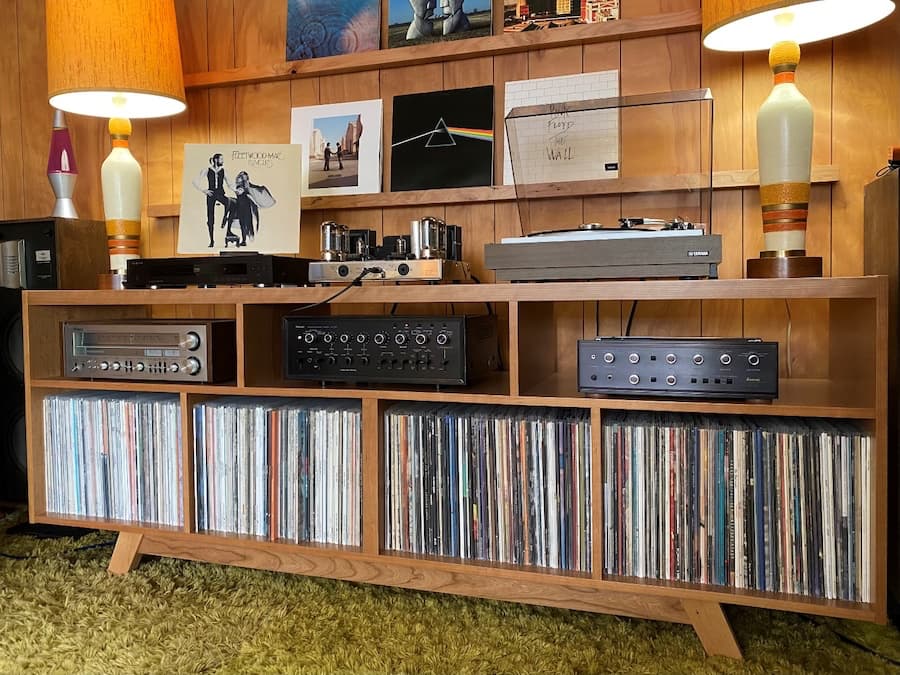 media console with hi-fi equipment and records