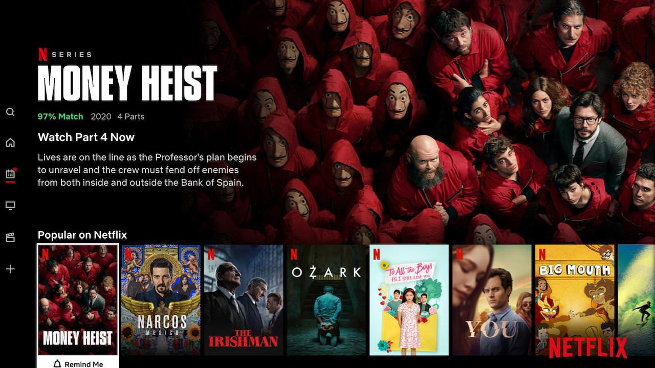 Netflix Homescreen Featuring Money Heist TV Series