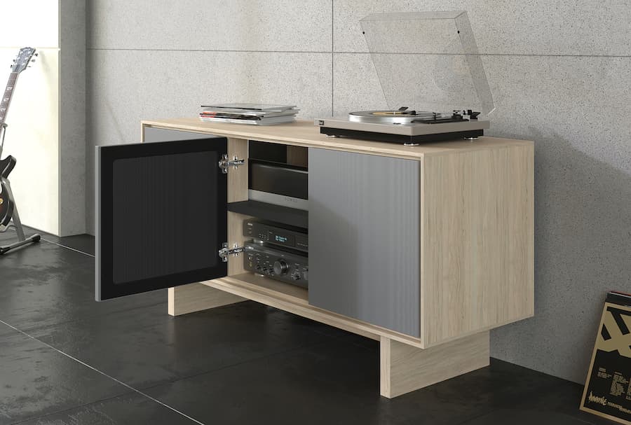 BDI Octave 8377 Media Cabinet in Drift Oak Showing Soundbar Lifestyle