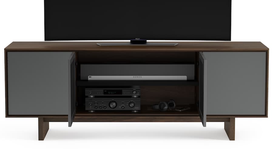 BDI Octave 8379 Media Cabinet in Toasted Walnut Doors Open Showing Soundbar