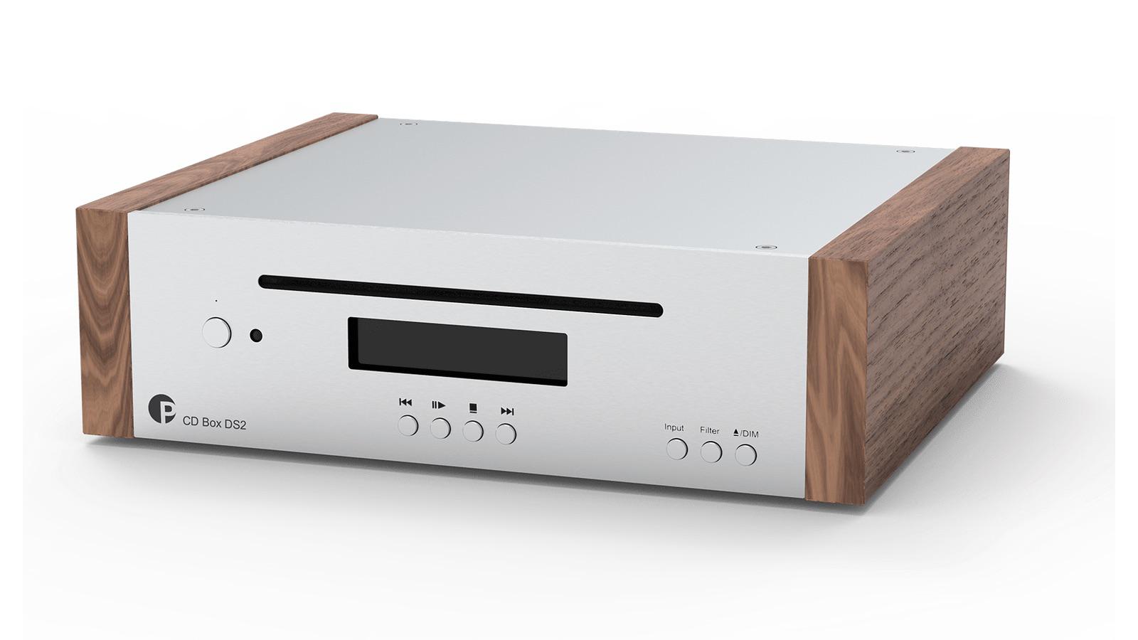 Pro-ject CD Box DS2 CD Player in silver and wood front angle