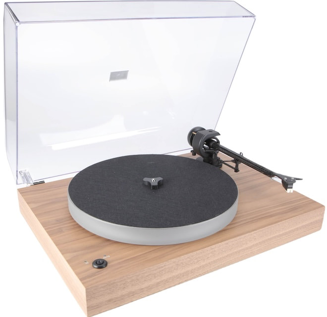 Pro-Ject Audio X2 B Turntable in Satin Walnut with Lid Up Angle