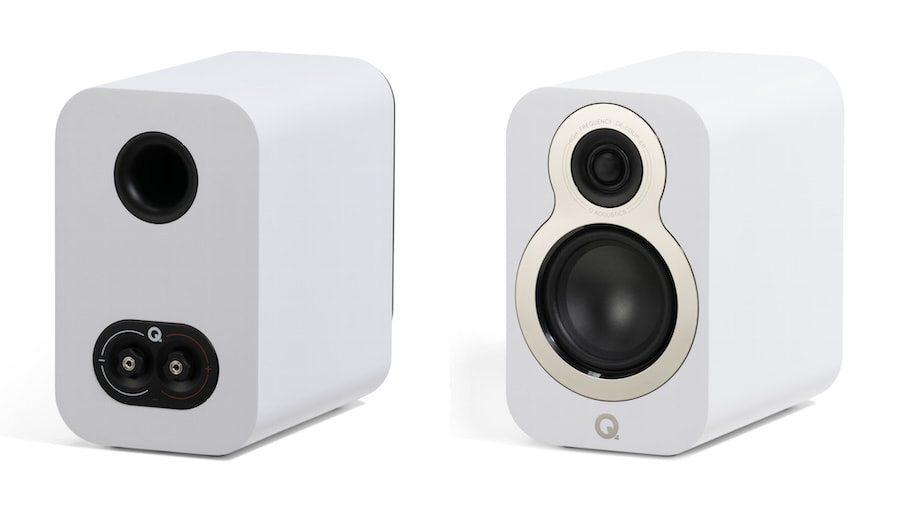 Q Acoustics 3010c Bookshelf Speaker front and back angle in white