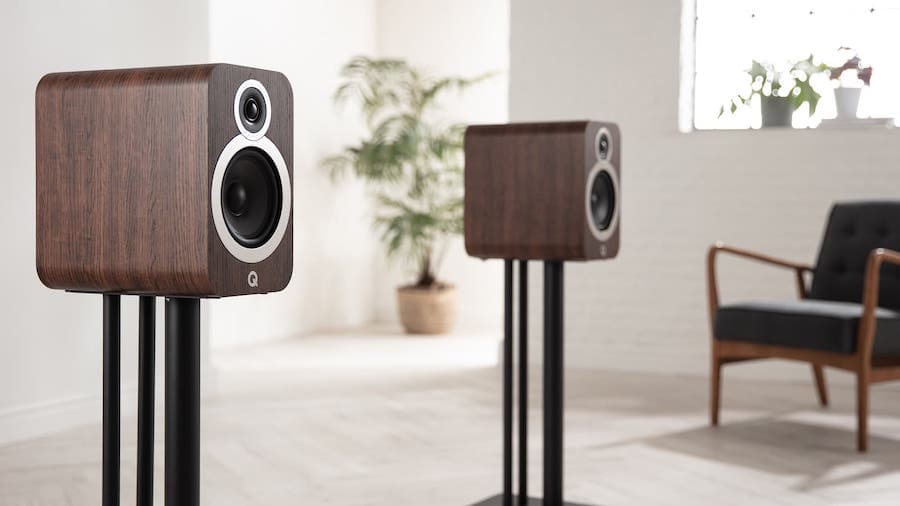 Q Acoustics 3030i Bookshelf Speakers in Walnut on Stands