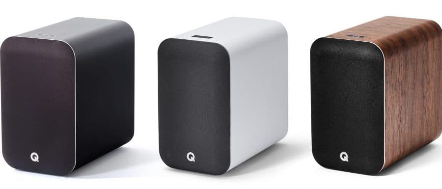 Q Acoustics M20 HD Wireless Speakers Front Angle in Black, White and Walnut