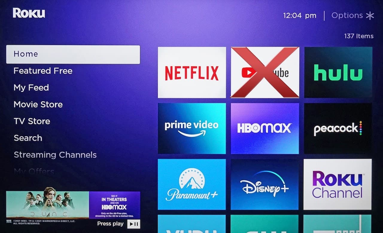 Roku Home Screen with YouTube App Crossed Out