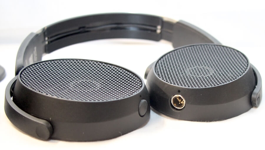 Sennheiser HD 490 Pro Plus Headphones fold flat showing mini-XLR connector on each ear cup.