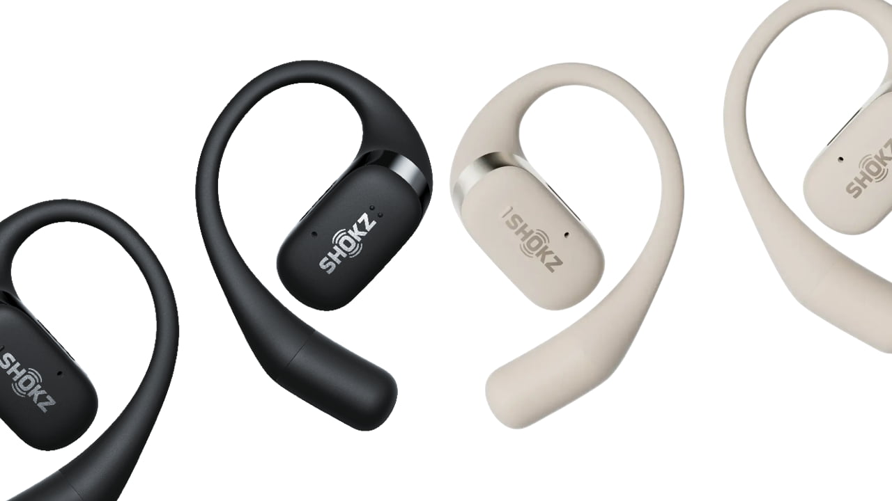 Shokz OpenFit True Wireless Earbuds in Black and Beige